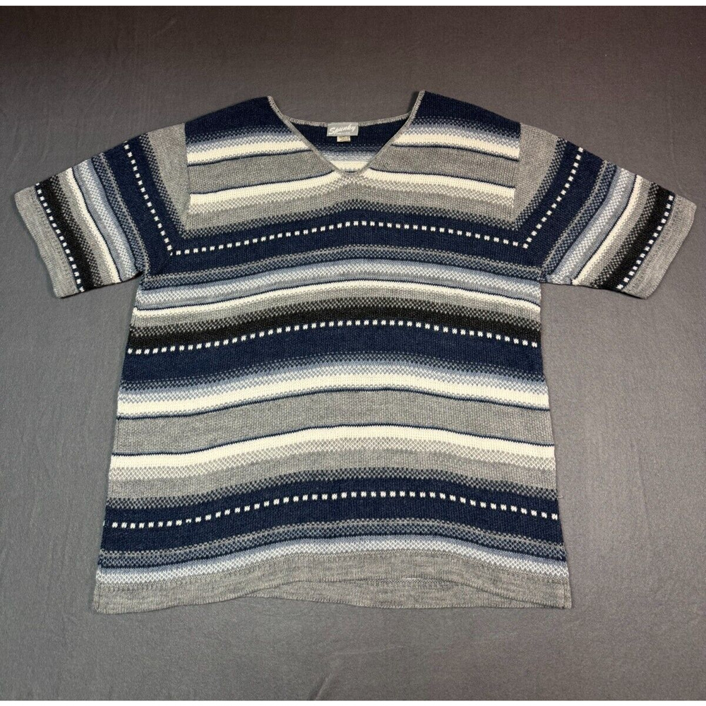 Vintage Spunky V Neck Sweater Short Sleeve Knit Geometric Blue White Size 1X